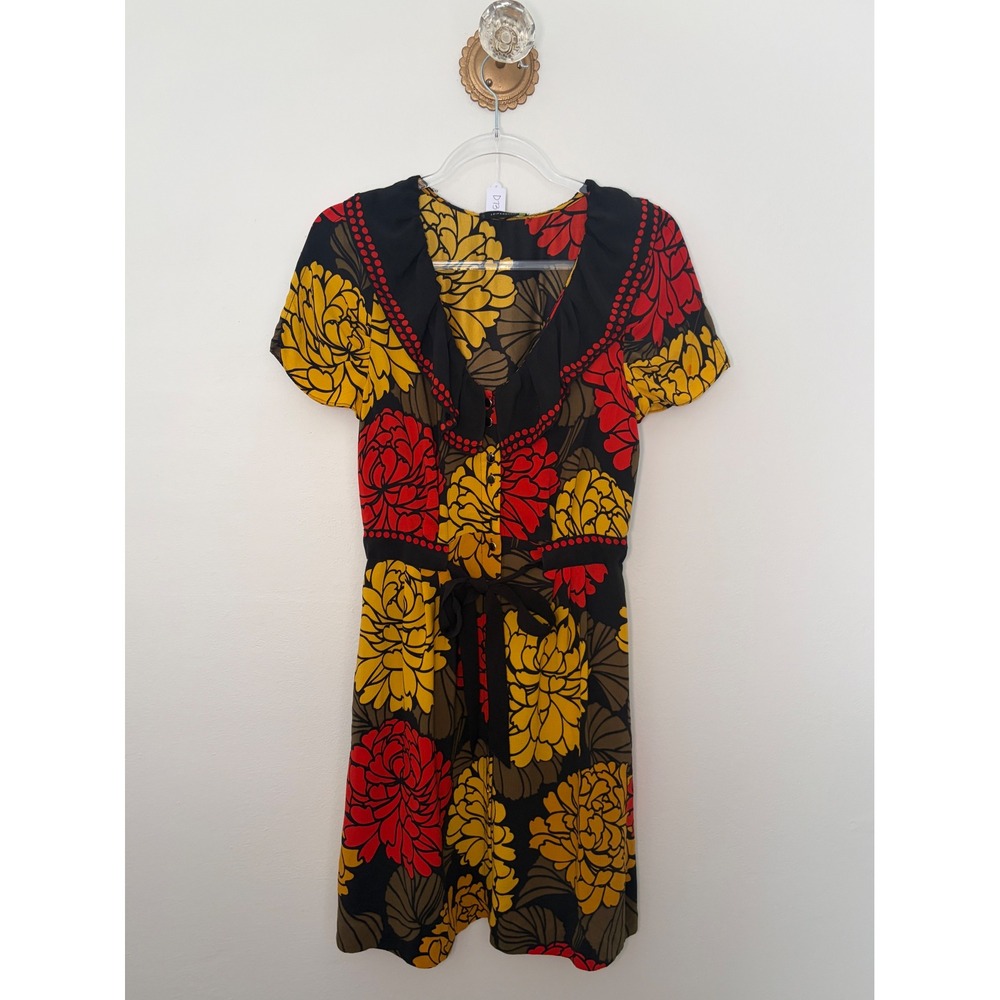 Leifsdottir Floral Ruffle V-Neck Dress Black Red Yellow Short Sleeve Sz 6